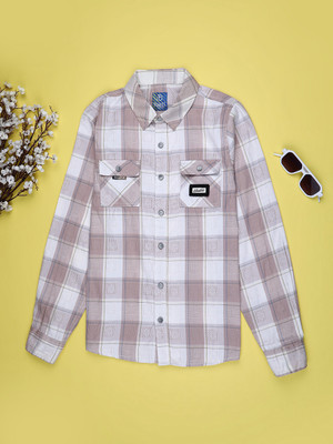 V-MART Boys Checkered Casual Pink, White Shirt