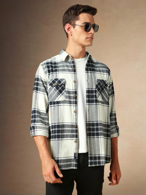Dennis Lingo Men Checkered Casual White, Black Shirt