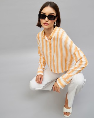 Chimpaaanzee Women Checkered Casual Orange, White Shirt