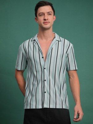 Voroxy Men Striped Casual Light Green, Black Shirt