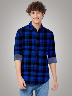 LYZOO FASHION Men Checkered Casual Blue Shirt