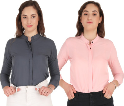 Giggles Women Solid Formal Grey, Pink Shirt(Pack of 2)