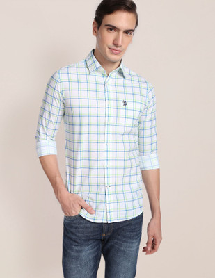 U.S. POLO ASSN. Men Checkered Casual White, Light Green, Light Blue Shirt