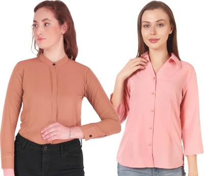 Miranga Women Solid Casual Orange, Pink Shirt(Pack of 2)