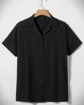 AMORE FASHION Men Solid, Self Design, Striped Casual Black Shirt