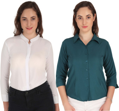 Hunoor Women Solid Formal Dark Blue, White Shirt(Pack of 2)