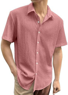 COMBRAIDED Men Self Design Casual Pink Shirt