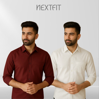 Nextfit Men Solid Casual White, Maroon Shirt(Pack of 2)