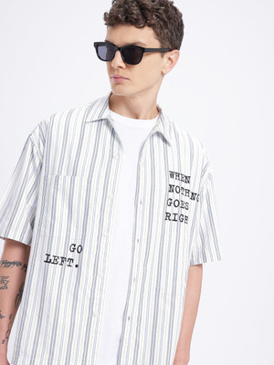 Glitchez Men Striped Casual White, Grey Shirt