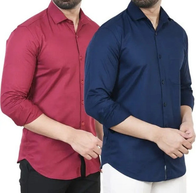 Hansroop Men Solid Casual Maroon, Dark Blue Shirt(Pack of 2)