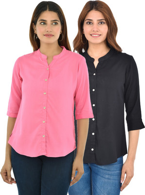 FABISHO Women Solid Casual Pink, Black Shirt(Pack of 2)