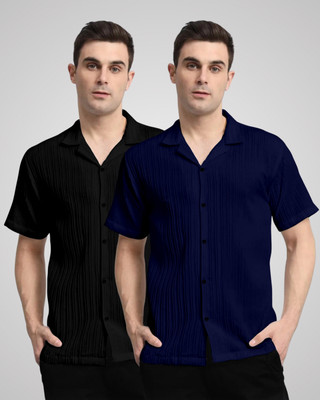 VK Couture Men Self Design Casual Black, Dark Blue Shirt(Pack of 2)