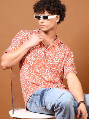 V-MART Men Self Design Casual Orange Shirt