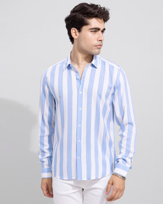 BOUGHT FIRST Men Striped Casual Light Blue, White Shirt