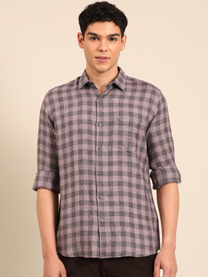 Linen Club Men Checkered Casual Purple Shirt