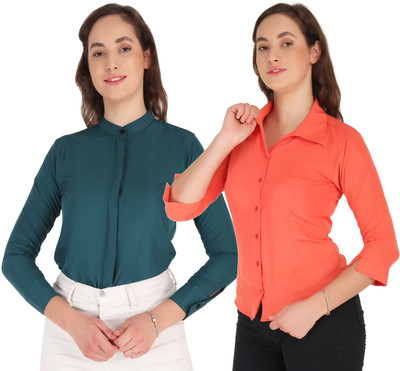 Mamnoon Women Solid Formal Blue, Pink Shirt(Pack of 2)