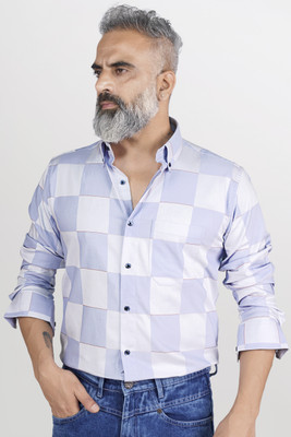 HOC Men Checkered Casual White, Light Blue Shirt