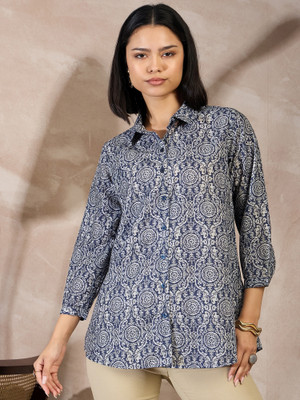 all about you Women Geometric Print Casual Blue, White Shirt