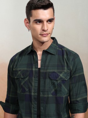 HIGHLANDER Men Checkered Casual Green Shirt