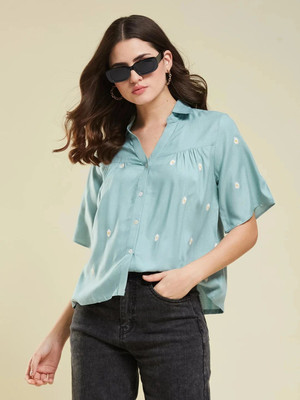 J TURRITOPSIS Women Embroidered Casual Green Shirt