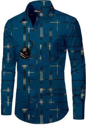 Ujaval Enterprise Men Printed Party Blue, Gold, White Shirt