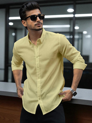 Yanthhi Men Solid Casual Yellow Shirt