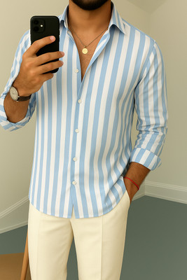 Kizyoo Men Striped Casual Blue, White Shirt