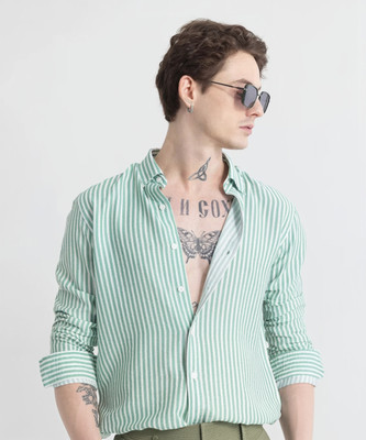 U TURN Men Striped Casual Light Green Shirt