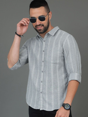 HERE&NOW Men Striped Casual Grey Shirt