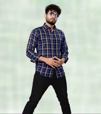 Tanupatu Men Checkered Formal Blue Shirt