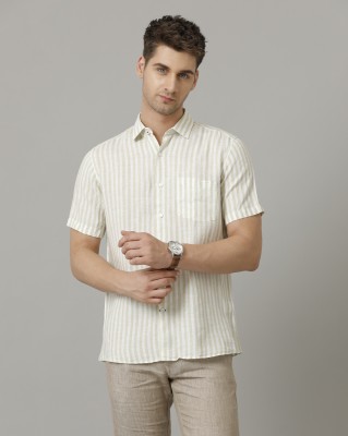 Linen Club Men Striped Casual Beige Shirt