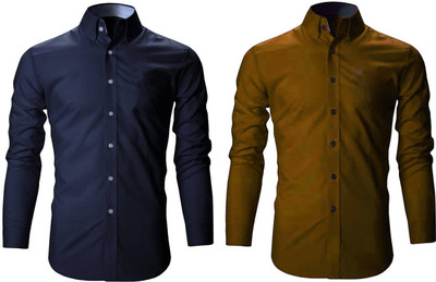 Blue dove Men Solid Casual Brown, Dark Blue Shirt(Pack of 2)
