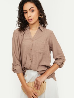 MAX Women Self Design Casual Brown Shirt