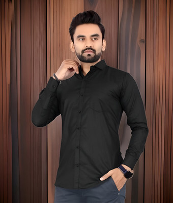 DMJ Men Solid Casual Black Shirt