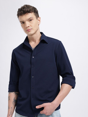 Glitchez Men Solid Casual Blue Shirt