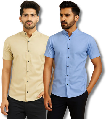 RANGFIT Men Solid Casual Beige, Light Blue Shirt(Pack of 2)