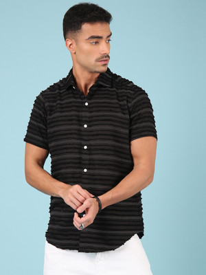Voroxy Men Self Design Casual Black Shirt