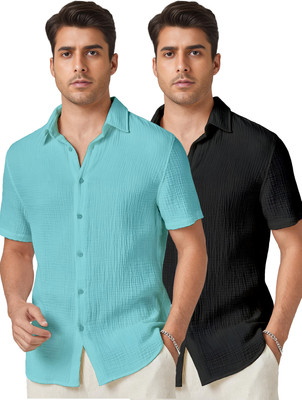 Webric Men Self Design Casual Light Blue, Black Shirt(Pack of 2)