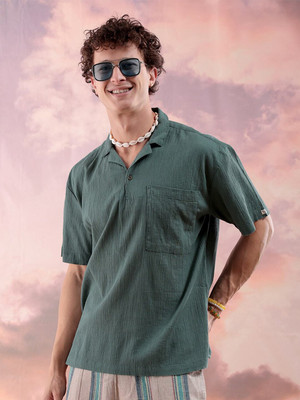 The Indian Garage Co. Men Self Design Beach Wear Green Shirt