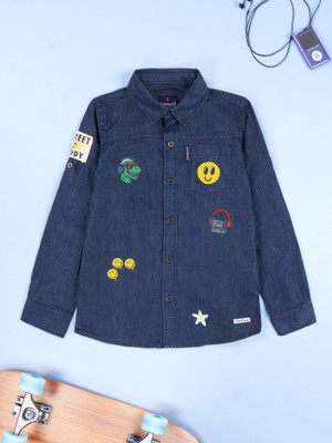 KiddoPanti Boys Self Design Casual Dark Blue Shirt