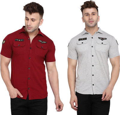 GEUM Men Solid Casual Silver, Maroon Shirt(Pack of 2)