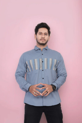 U AND J TREND Men Striped Casual Blue Shirt