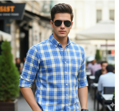 Radha shyam garments Men Checkered Casual Light Blue Shirt