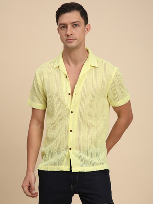 Voroxy Men Self Design Casual Yellow Shirt