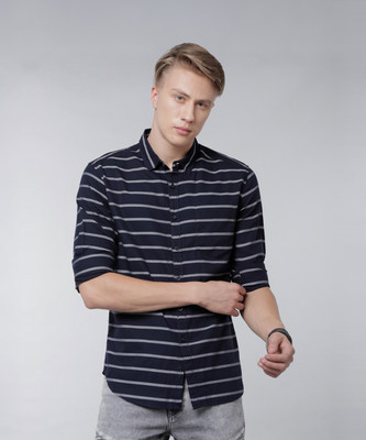 HIGHLANDER Men Striped Casual Dark Blue, Grey Shirt