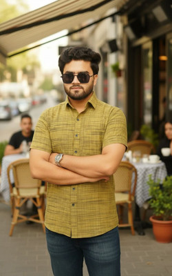 STICHVILLA Men Self Design Casual Yellow Shirt
