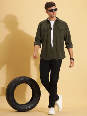 HERE&NOW Men Solid Casual Green Shirt