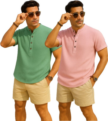 METRONAUT Men Self Design Casual Green, Pink Shirt