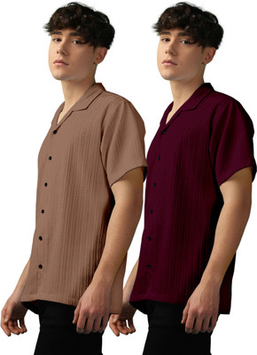 OXXOM Men Self Design Casual Brown, Maroon Shirt(Pack of 2)