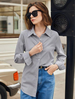 CORSICA Women Striped Party Grey Shirt